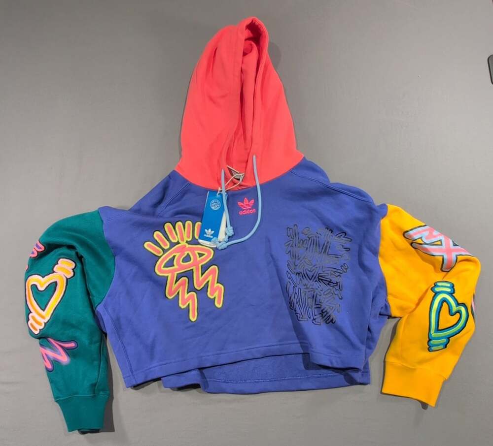 Adidas Love Unites Crop Hoodie Size L Multicolor Graphic Pullover Sweatshirt
